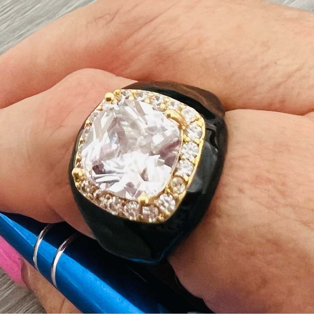 Large Black enamel and Gold Ring with clear CZ Accent adjustable size